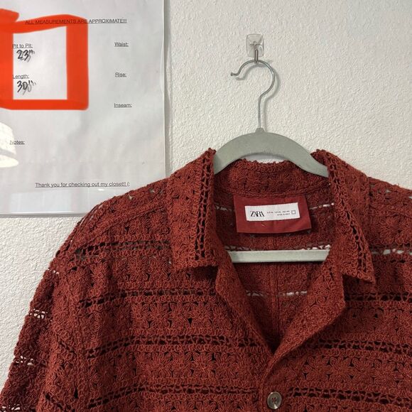 Zara Crochet Button Up Shirt Mens XL Rust Brown Vacation Travel Resort Wear - Picture 6 of 6